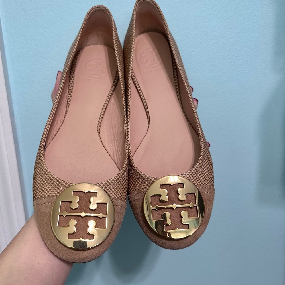 Tory Burch Serena Ballet Flat Vitraux Snake Clay Gold Cap Toe size 8.5.